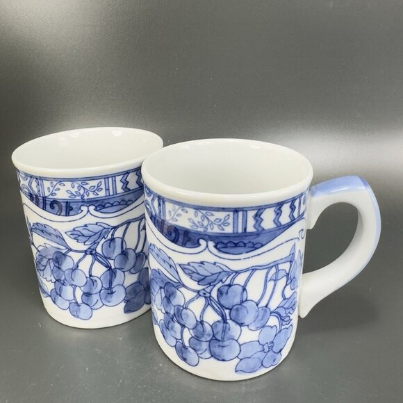 1995 Jardin Blue Cardinal Ceramic Coffee Mug Cup Set 2 Blue White Fruit Cherry - Picture 11 of 15